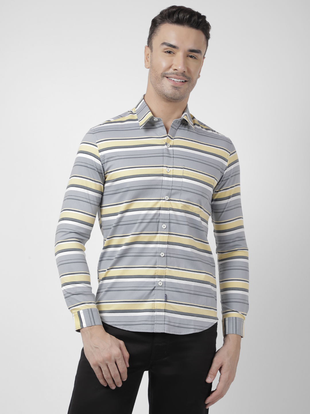 Numero Uno Men Grey Stripes Slim Fit Shirt
